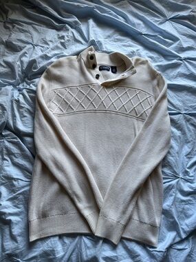 Chaps Cream Textured Diamond Yoke Button-Neck Sweater